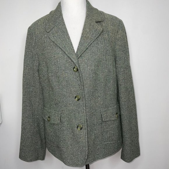 Vintage LL Bean Women's Petite XL Wool Blend Tweed Herringbone Blazer Green - Picture 1 of 14